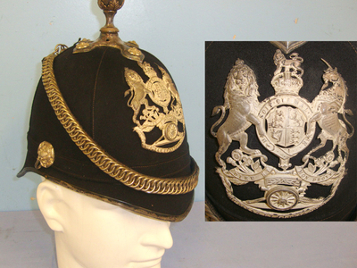 Post 1901 Volunteer Artillery Officer's Home Service Pattern, Blue Cloth Helmet With Ball Top Mount, Silver Plated Fittings & Frosted Silver Helmet Plate. Sn 10946  Clothing