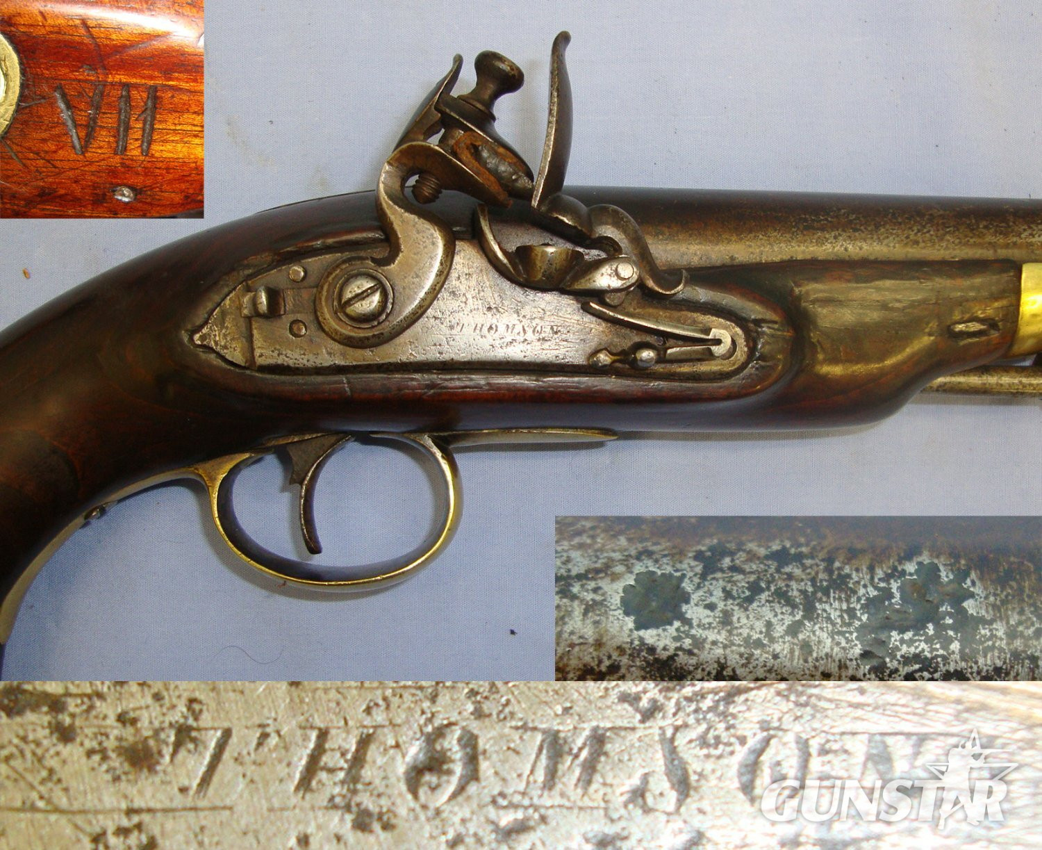 Thomson C1800 British Form Thomson Flintlock 15 Bore Coaching / Overcoat Traveling Pistol Stock Marked ‘VII’ With Heavy Brass Fittings, Safety Bolt & Captive Iron Ram Rod. Sn 21393:19 Obsolete Muzzleloader