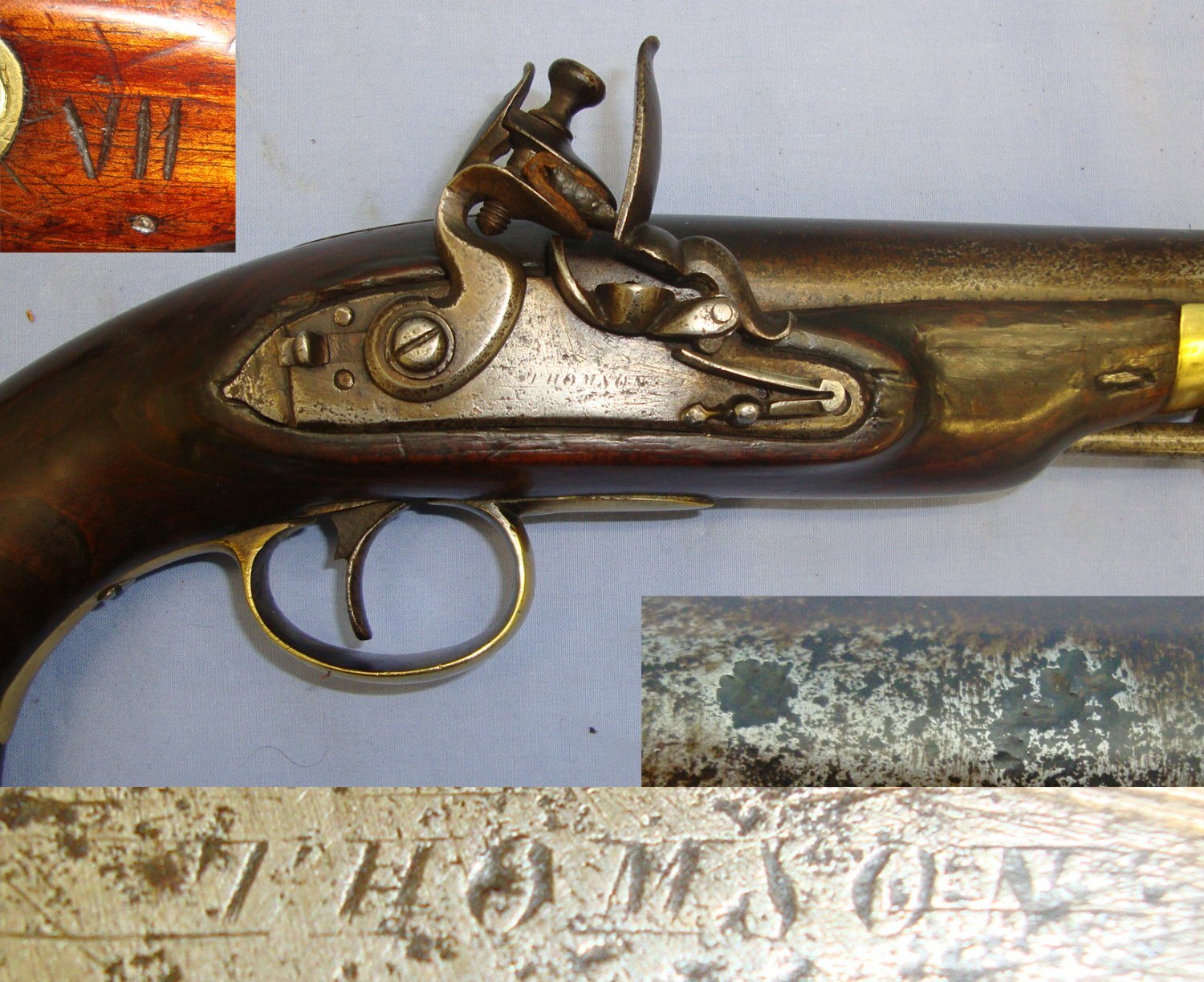 Thomson C1800 British Form Thomson Flintlock 15 Bore Coaching / Overcoat Traveling Pistol Stock Marked ‘VII’ With Heavy Brass Fittings, Safety Bolt & Captive Iron Ram Rod. Sn 21393:19 Obsolete Muzzleloader