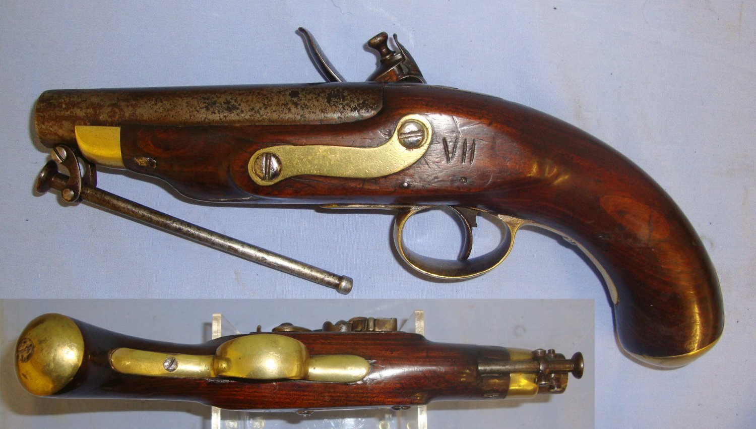  Thomson C1800 British Form Thomson Flintlock 15 Bore Coaching / Overcoat Traveling Pistol Stock Marked ‘VII’ With Heavy Brass Fittings, Safety Bolt & Captive Iron Ram Rod. Sn 21393:19 Obsolete Muzzleloader