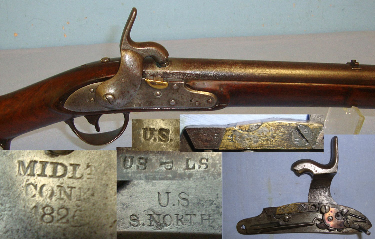 RARE**US Army 1826 Dated Indian Wars Era Simeon North Middleton, Connecticut Model 1817 .54 Calibre Black Powder Muzzle Loading Percussion Period Converted From Flintlock 'Common Rifle'  With Patch Box Containing Tools & Iron Ram Rod. Sn 23132 Muzzleloader .54 Cal Muzzleloader Rifle