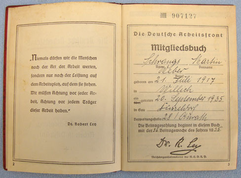 DAF (Deutsche Arbeitsfront) German Workers Syndicate Members ID Book. DAF (Deutsche Arbeitsfront) German Workers Syndicate Members ID Book. Other Accessory