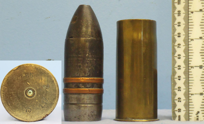 DEACTIVATED INERT. French WW, 1917 Dated French 37mm (37 x 94R) Pom Pom Nose Fused HE (High Explosive) Mine, (Bouncing Shell) Round. - O 1900 DEACTIVATED INERT. French WW, 1917 Dated French 37mm (37 x 94R) Pom Pom Nose Fused HE (High Explosive) Mine, (Bouncing Shell) Round. - O 1900  Other Ammunition