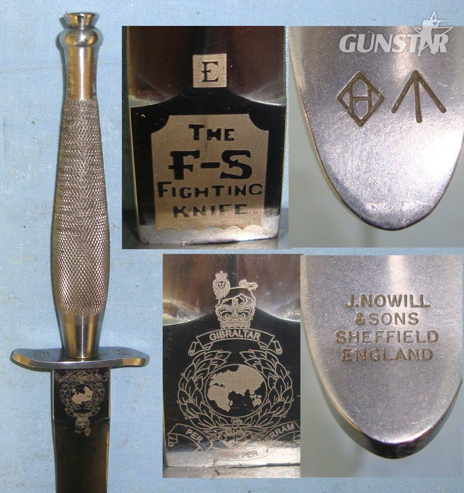 Post WW2 British Hopkinson Sheffield Nowill & Sons Marked Sheffield Commemorative Royal Marines Factory Nickel Plated 1st Pattern FS Commando Fighting Knife With Etched Panels & Scabbard. Sn 22422 Knive in 