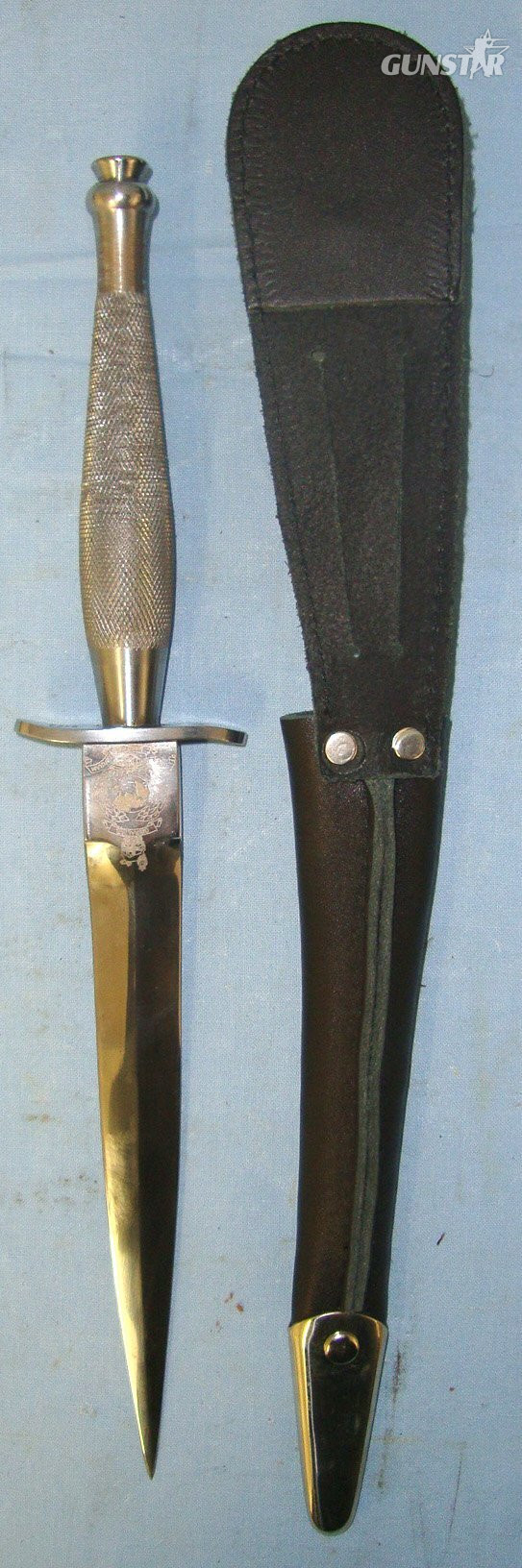  Post WW2 British Hopkinson Sheffield Nowill & Sons Marked Sheffield Commemorative Royal Marines Factory Nickel Plated 1st Pattern FS Commando Fighting Knife With Etched Panels & Scabbard. Sn 22422 Knive