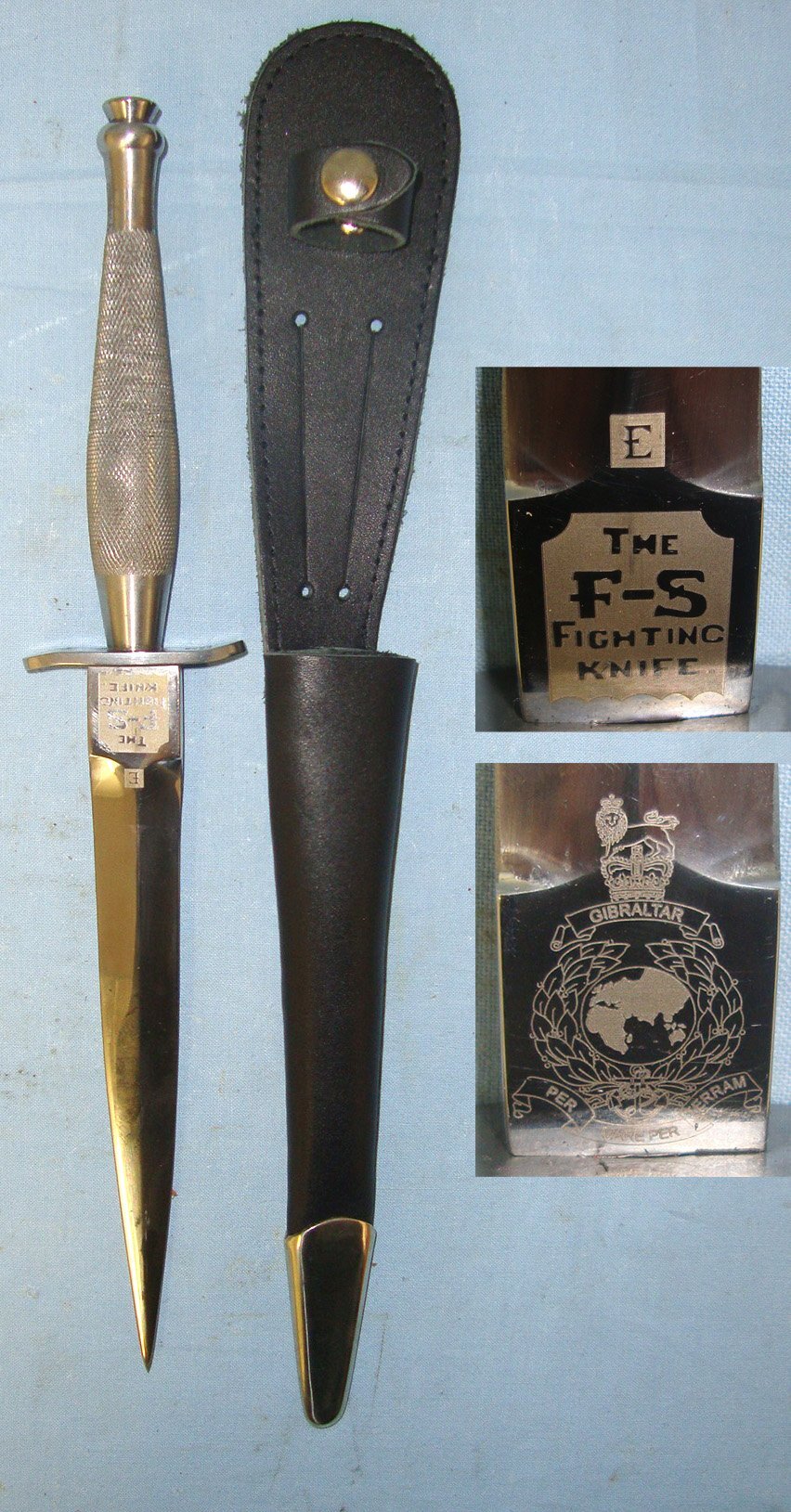 Post WW2 British Hopkinson Sheffield Nowill & Sons Marked Sheffield Commemorative Royal Marines Factory Nickel Plated 1st Pattern FS Commando Fighting Knife With Etched Panels & Scabbard. Sn 22422 Knive