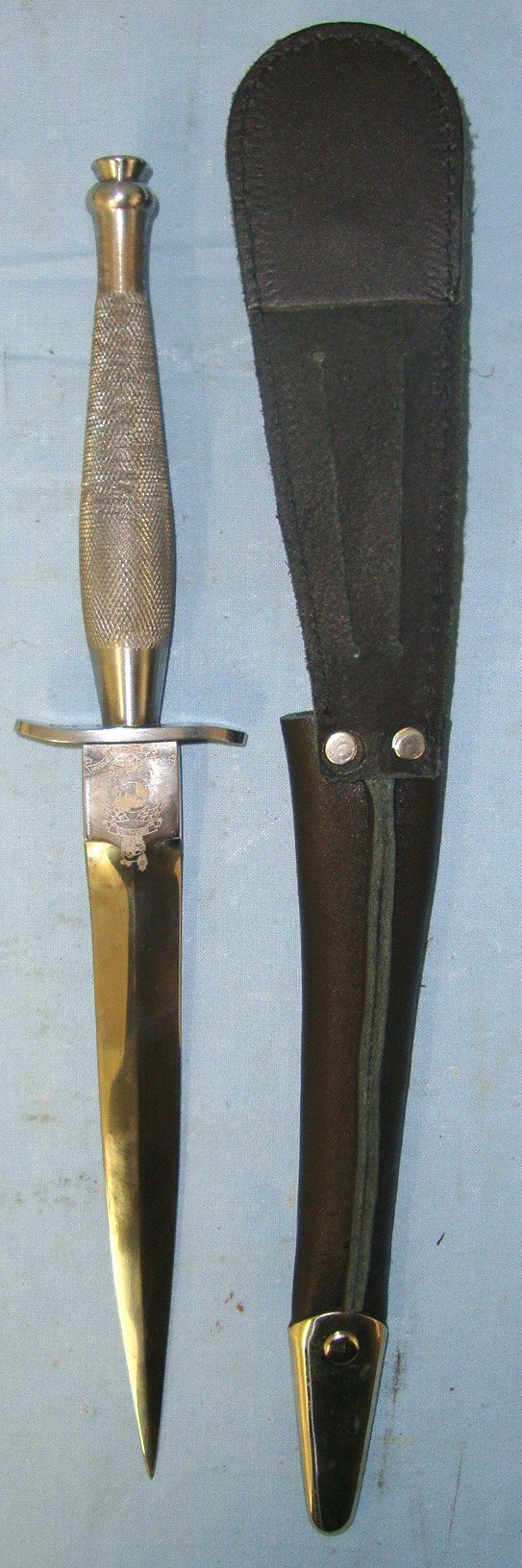  Post WW2 British Hopkinson Sheffield Nowill & Sons Marked Sheffield Commemorative Royal Marines Factory Nickel Plated 1st Pattern FS Commando Fighting Knife With Etched Panels & Scabbard. Sn 22422 Knive