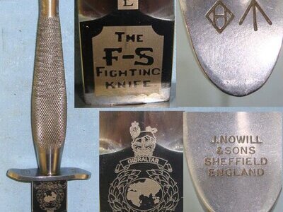 Post WW2 British Hopkinson Sheffield Nowill & Sons Marked Sheffield Commemorative Royal Marines Factory Nickel Plated 1st Pattern FS Commando Fighting Knife With Etched Panels & Scabbard. Sn 22422 Knive