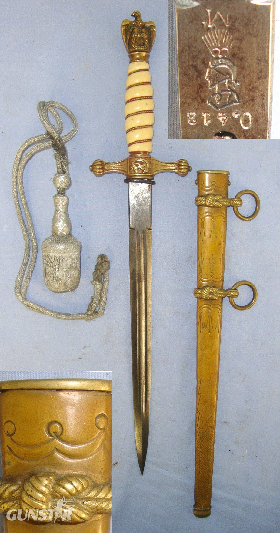 MATCHING NUMBERS*WW2 Nazi ‘WKC’ Solingen Kriegsmarine Officer’s Dagger, Scabbard With Early Rare To Find Cast Brass Knotted Rope Form Hanging Ring Mounts As Found On Early War Pre 1941 Special Assault Landing Forces Scabbards, Bullion Cord & Portepe Knive in 