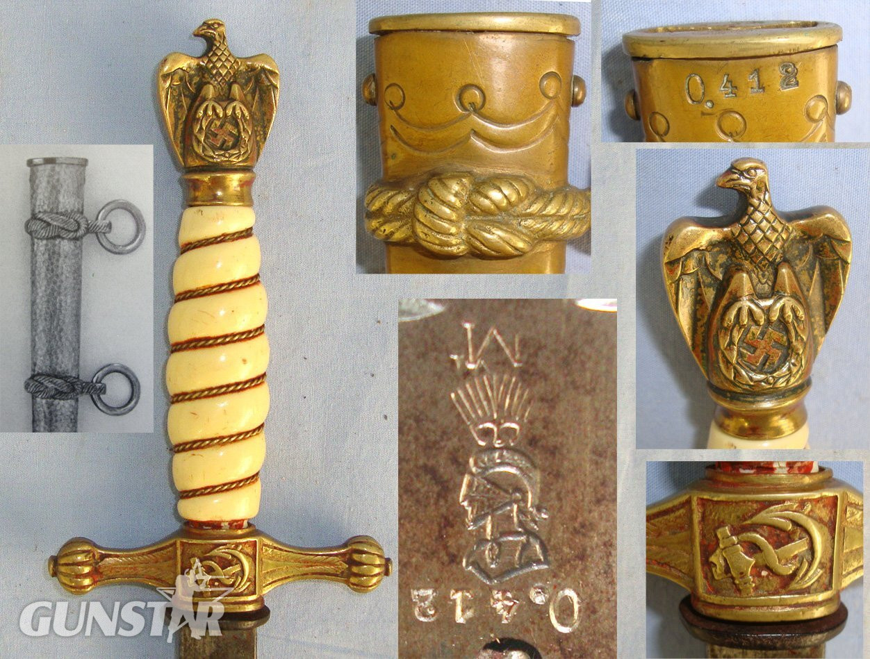 MATCHING NUMBERS*WW2 Nazi ‘WKC’ Solingen Kriegsmarine Officer’s Dagger, Scabbard With Early Rare To Find Cast Brass Knotted Rope Form Hanging Ring Mounts As Found On Early War Pre 1941 Special Assault Landing Forces Scabbards, Bullion Cord & Portepe Knive