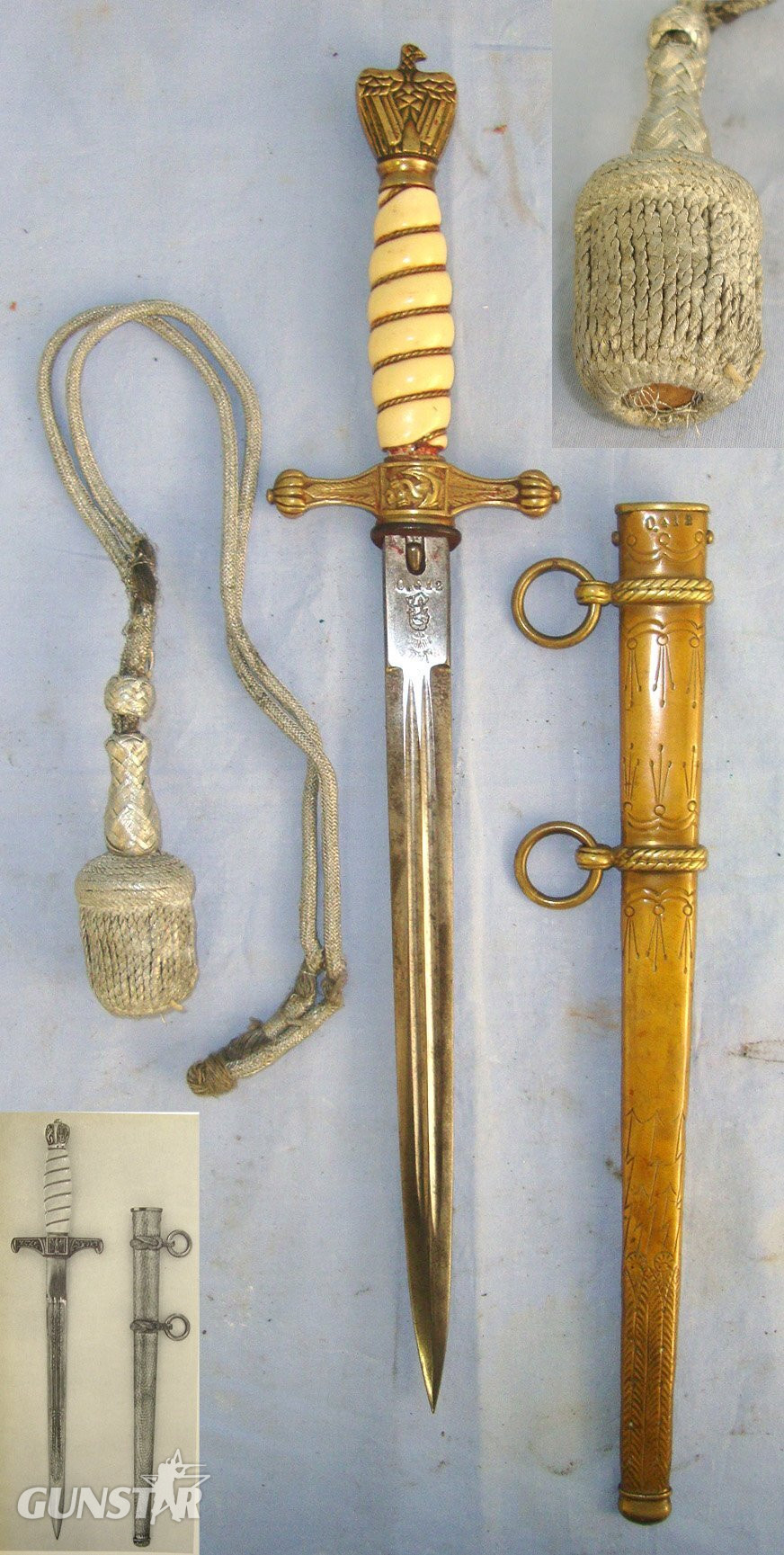  MATCHING NUMBERS*WW2 Nazi ‘WKC’ Solingen Kriegsmarine Officer’s Dagger, Scabbard With Early Rare To Find Cast Brass Knotted Rope Form Hanging Ring Mounts As Found On Early War Pre 1941 Special Assault Landing Forces Scabbards, Bullion Cord & Portepe Knive