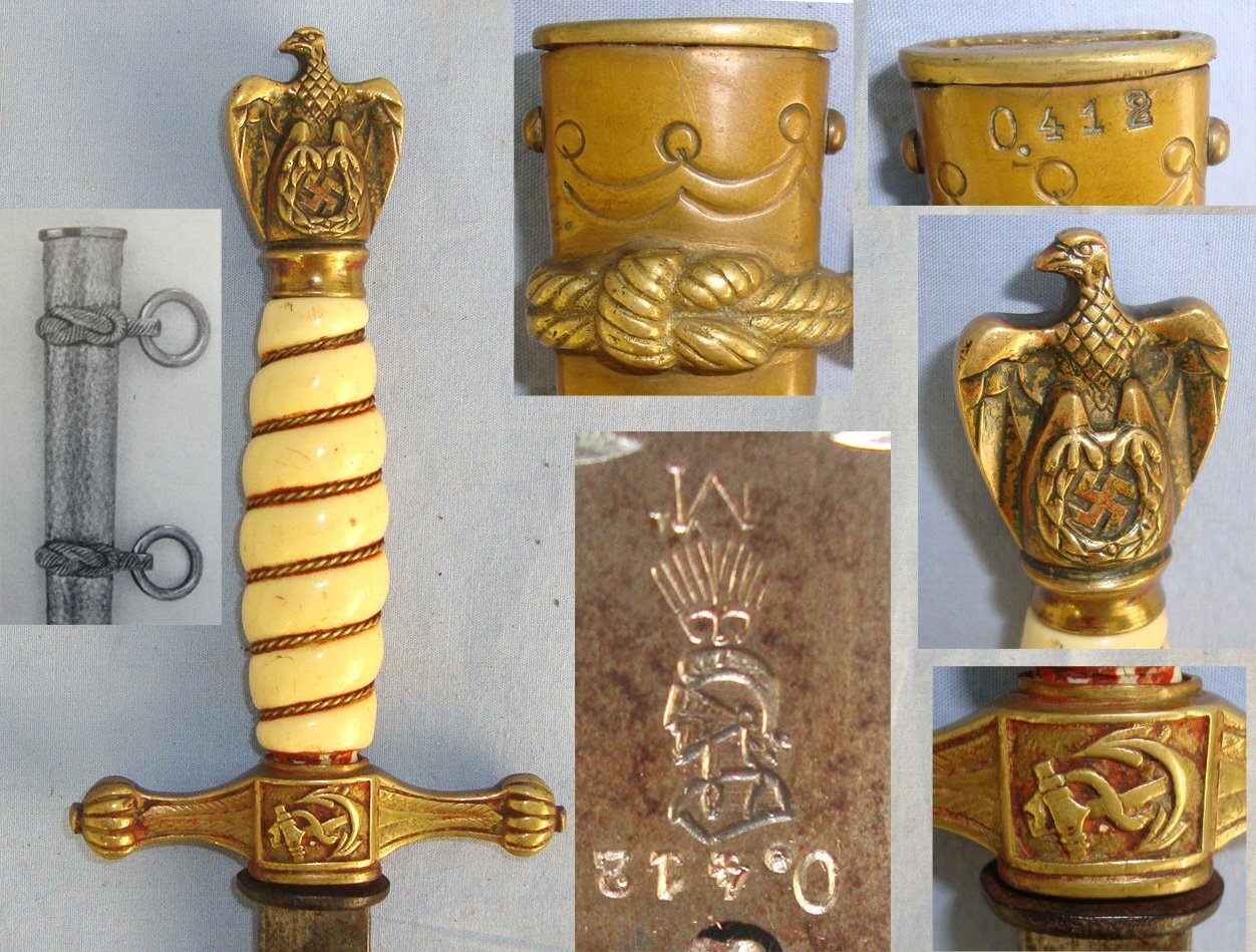MATCHING NUMBERS*WW2 Nazi ‘WKC’ Solingen Kriegsmarine Officer’s Dagger, Scabbard With Early Rare To Find Cast Brass Knotted Rope Form Hanging Ring Mounts As Found On Early War Pre 1941 Special Assault Landing Forces Scabbards, Bullion Cord & Portepe Knive
