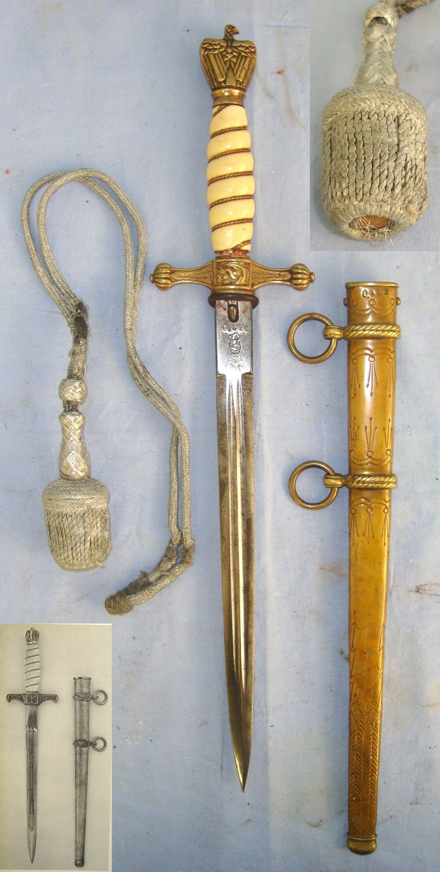  MATCHING NUMBERS*WW2 Nazi ‘WKC’ Solingen Kriegsmarine Officer’s Dagger, Scabbard With Early Rare To Find Cast Brass Knotted Rope Form Hanging Ring Mounts As Found On Early War Pre 1941 Special Assault Landing Forces Scabbards, Bullion Cord & Portepe Knive