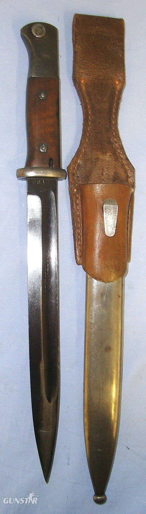 WW2 1943 Dated Nazi German Model 1884/98 Bayonet For Mauser K98 Rifles By ‘asw’ (E&F Horster Solingen) With Wood Grips, Scabbard & Leather Frog By A. Klein Erfurt. Sn 23484:127 Bayonet in 
