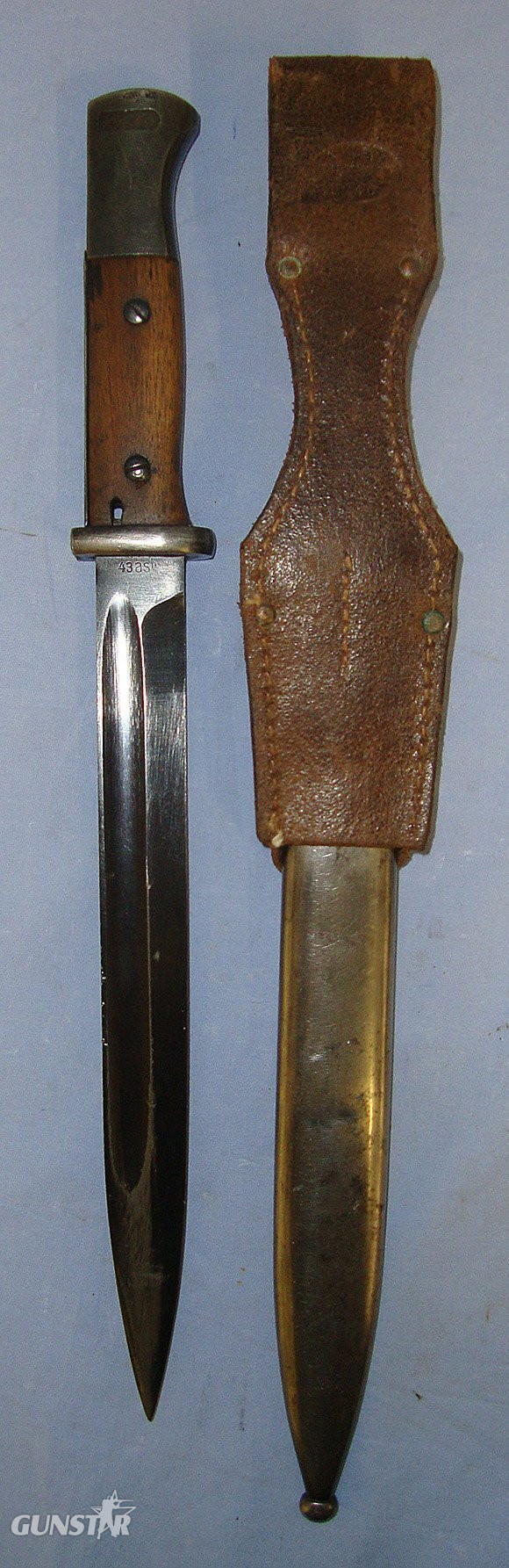  WW2 1943 Dated Nazi German Model 1884/98 Bayonet For Mauser K98 Rifles By ‘asw’ (E&F Horster Solingen) With Wood Grips, Scabbard & Leather Frog By A. Klein Erfurt. Sn 23484:127 Bayonet