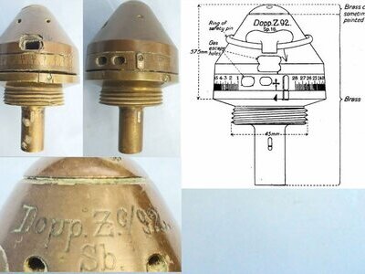 INERT DEACTIVATED. German WW1, Dopp Zc/92 Time & Percussion Nose Fuze. - O 2209 INERT DEACTIVATED. German WW1, Dopp Zc/92 Time & Percussion Nose Fuze. - O 2209  Other Ammunition
