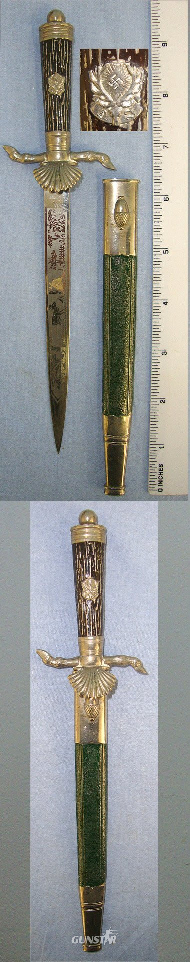 1934 – 1945 WW2 Era Nazi German Deutsche Jägerschaft (German Hunting Society) Badged, E&F Horster Solingen Miniature Clamshell Stag Hunting Dagger / Dirk With Hunting Scenes Blued & Etched Blade, Cast Alloy Hilt & Scabbard. Sn 23459  Dagger in 