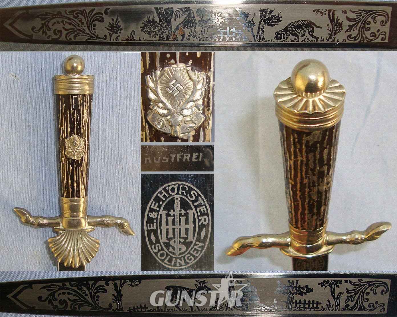1934 – 1945 WW2 Era Nazi German Deutsche Jägerschaft (German Hunting Society) Badged, E&F Horster Solingen Miniature Clamshell Stag Hunting Dagger / Dirk With Hunting Scenes Blued & Etched Blade, Cast Alloy Hilt & Scabbard. Sn 23459  Dagger