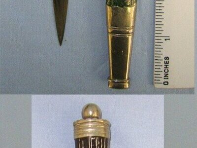 1934 – 1945 WW2 Era Nazi German Deutsche Jägerschaft (German Hunting Society) Badged, E&F Horster Solingen Miniature Clamshell Stag Hunting Dagger / Dirk With Hunting Scenes Blued & Etched Blade, Cast Alloy Hilt & Scabbard. Sn 23459  Dagger