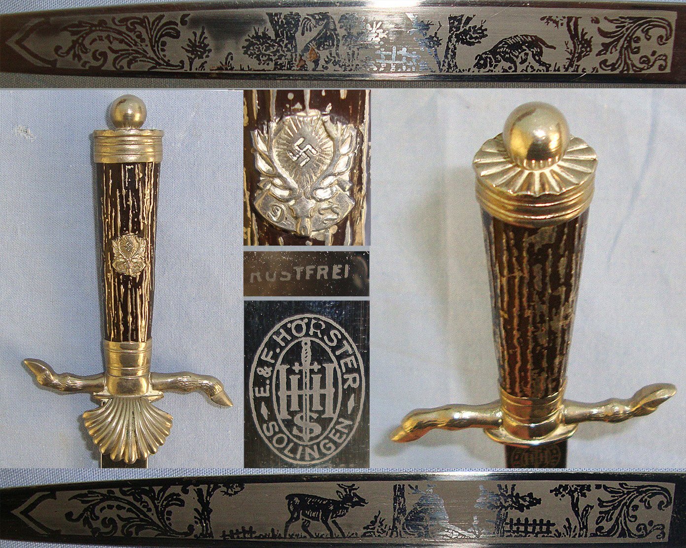1934 – 1945 WW2 Era Nazi German Deutsche Jägerschaft (German Hunting Society) Badged, E&F Horster Solingen Miniature Clamshell Stag Hunting Dagger / Dirk With Hunting Scenes Blued & Etched Blade, Cast Alloy Hilt & Scabbard. Sn 23459  Dagger
