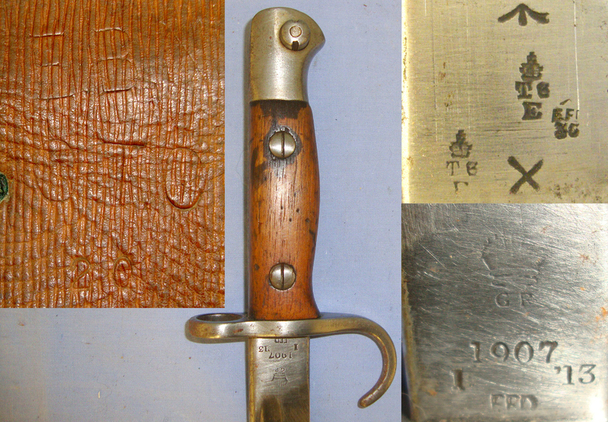 RARE**Pre WW1 British WD 1913 Dated, Enfield, 1907 Pattern, MK 1 Hook Quillon Bayonet With Scabbard & Rare 1914 Pattern Leather Frog To \\\'EBN (Eastbourne College Sussex) OTC (Officer Training Corps)’ Bayonet