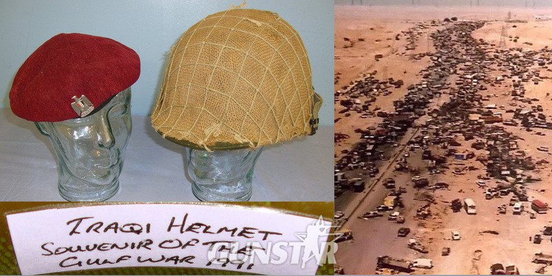 RECOVERED FROM ROAD TO BASRA (HIGHWAY OF DEATH) 1991 1st GULF WAR**Iraqi Forces Combat Helmet With Netted Camouflage Cover & Iraqi Forces Red Beret With Cap Badge  Clothing in 