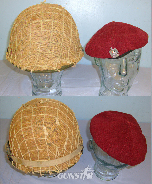  RECOVERED FROM ROAD TO BASRA (HIGHWAY OF DEATH) 1991 1st GULF WAR**Iraqi Forces Combat Helmet With Netted Camouflage Cover & Iraqi Forces Red Beret With Cap Badge  Clothing