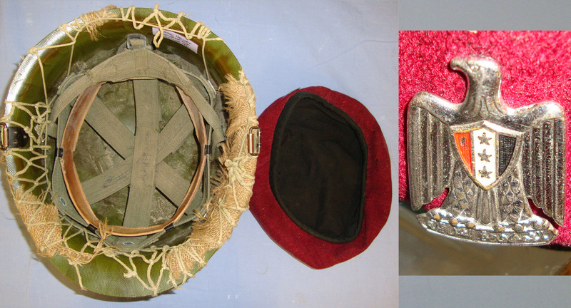 RECOVERED FROM ROAD TO BASRA (HIGHWAY OF DEATH) 1991 1st GULF WAR**Iraqi Forces Combat Helmet With Netted Camouflage Cover & Iraqi Forces Red Beret With Cap Badge  Clothing