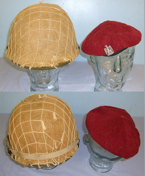 RECOVERED FROM ROAD TO BASRA (HIGHWAY OF DEATH) 1991 1st GULF WAR**Iraqi Forces Combat Helmet With Netted Camouflage Cover & Iraqi Forces Red Beret With Cap Badge  Clothing