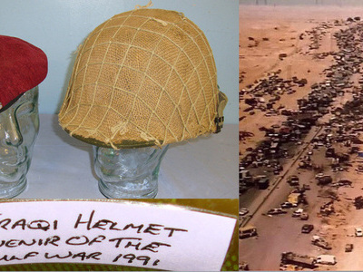 RECOVERED FROM ROAD TO BASRA (HIGHWAY OF DEATH) 1991 1st GULF WAR**Iraqi Forces Combat Helmet With Netted Camouflage Cover & Iraqi Forces Red Beret With Cap Badge  Clothing