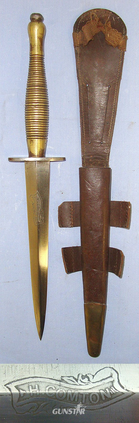 RARE VARIANT & NAMED**WW2 Era British Beaded & Ribbed (6 Rows Of Beads) Fairbairn Sykes FS Fighting Knife With Rare U.S. Or Canadian Commando Private Purchase Etched Panel Blade ‘H. Comton’ Scabbard. Sn 23174:11 Knive in 