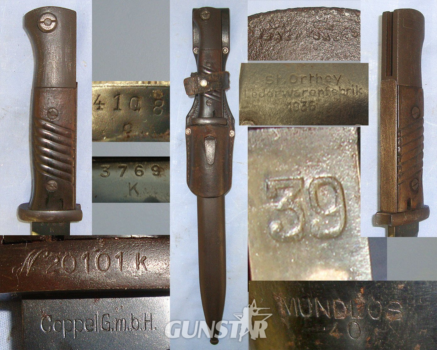 Early WW2 1939 Dated Nazi German Model 1884/98 Bayonet For K98 Mauser Rifles With Bakelite Grips By ‘Coppel GMBH’, Regiment Marked ‘N20101k’, Mundlos1940 Dated Scabbard & St Orthey Lederwarenfabrik 1936 Dated Leather Frog. Sn 23484:128  Bayonet