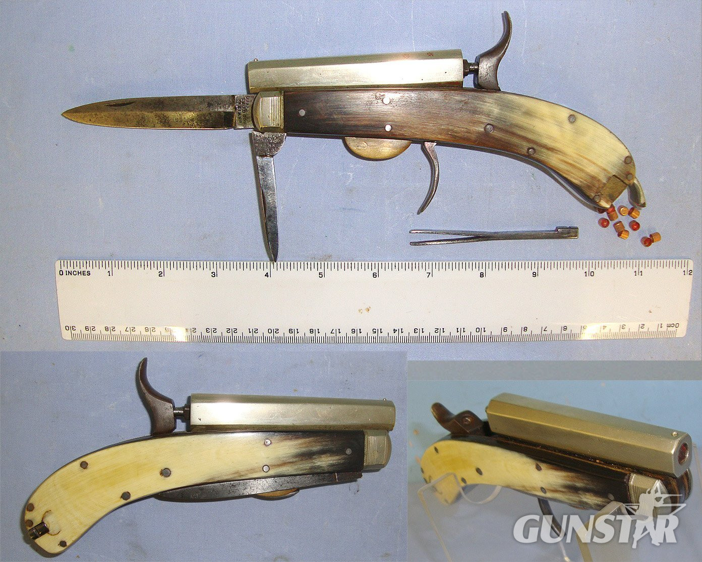 RARE**Large Frame C1840 Victorian Unwin & Rodgers Sheffield Self Protector Etched Blade 120 Bore Percussion Combination Knife Pistol  With Horn Scales, German Silver Octagonal Barrel & Fittings, Tweezer Grip Insert Accessories & Percussion Caps. Sn 23066 None Muzzleloader in 