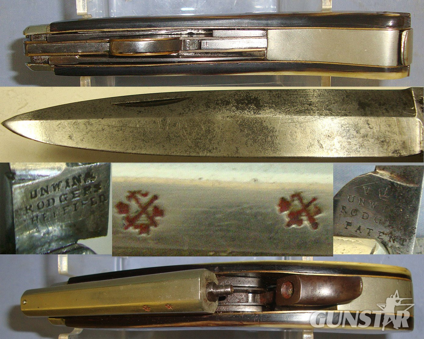 RARE**Large Frame C1840 Victorian Unwin & Rodgers Sheffield Self Protector Etched Blade 120 Bore Percussion Combination Knife Pistol  With Horn Scales, German Silver Octagonal Barrel & Fittings, Tweezer Grip Insert Accessories & Percussion Caps. Sn 23066 None Muzzleloader