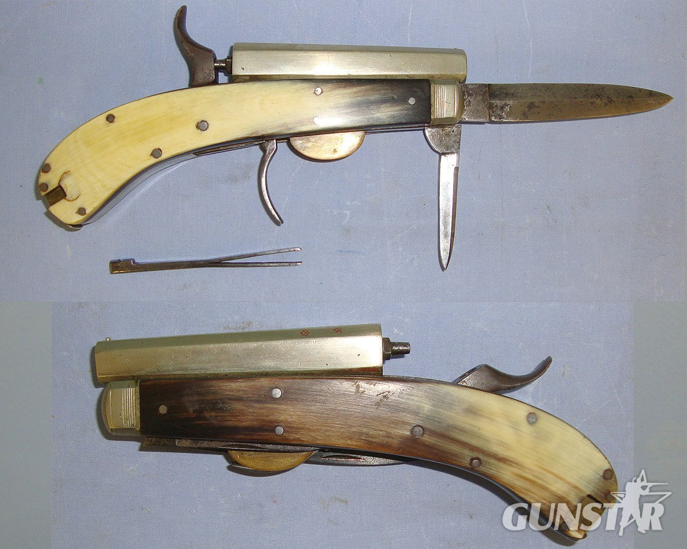  RARE**Large Frame C1840 Victorian Unwin & Rodgers Sheffield Self Protector Etched Blade 120 Bore Percussion Combination Knife Pistol  With Horn Scales, German Silver Octagonal Barrel & Fittings, Tweezer Grip Insert Accessories & Percussion Caps. Sn 23066 None Muzzleloader