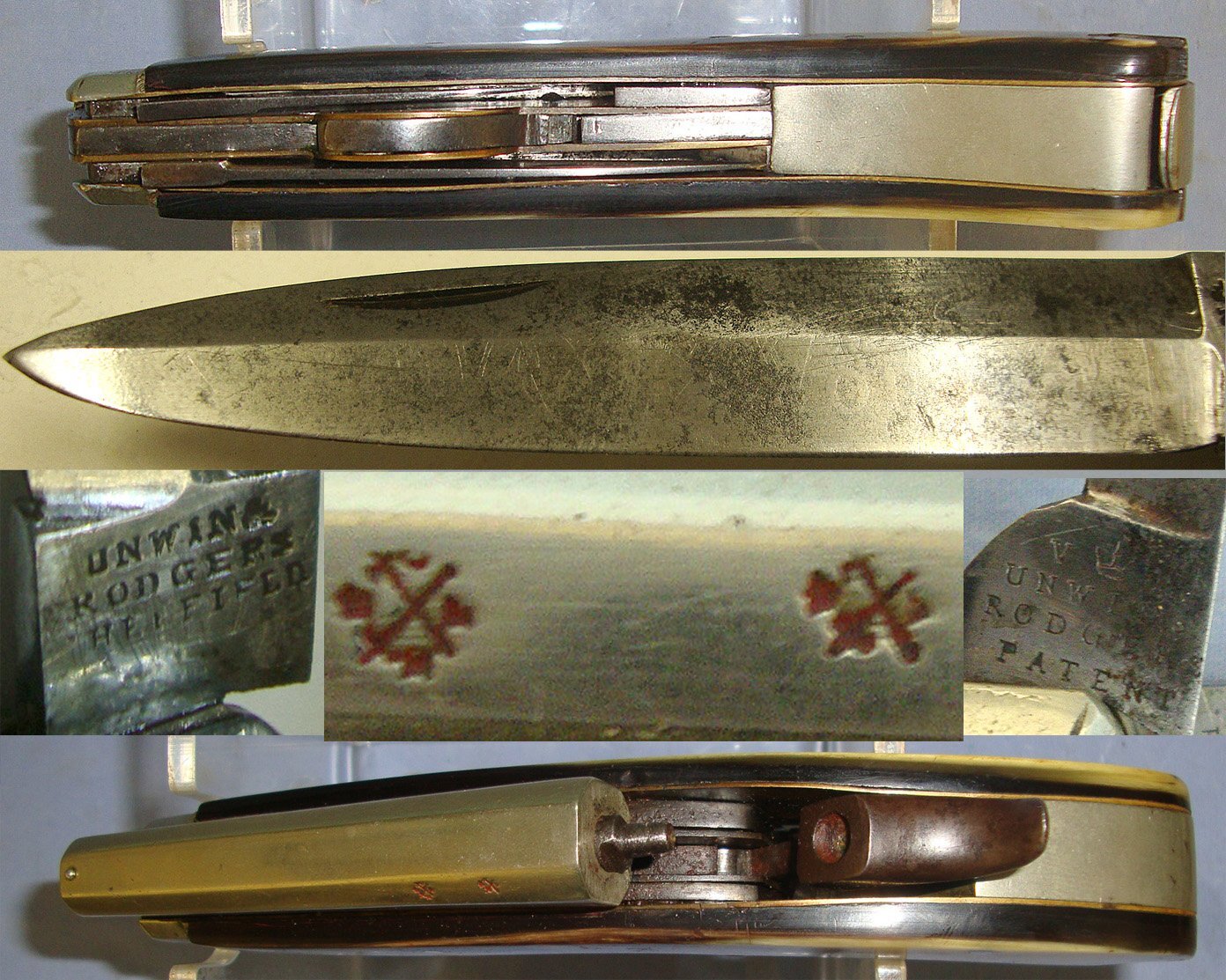 RARE**Large Frame C1840 Victorian Unwin & Rodgers Sheffield Self Protector Etched Blade 120 Bore Percussion Combination Knife Pistol  With Horn Scales, German Silver Octagonal Barrel & Fittings, Tweezer Grip Insert Accessories & Percussion Caps. Sn 23066 None Muzzleloader