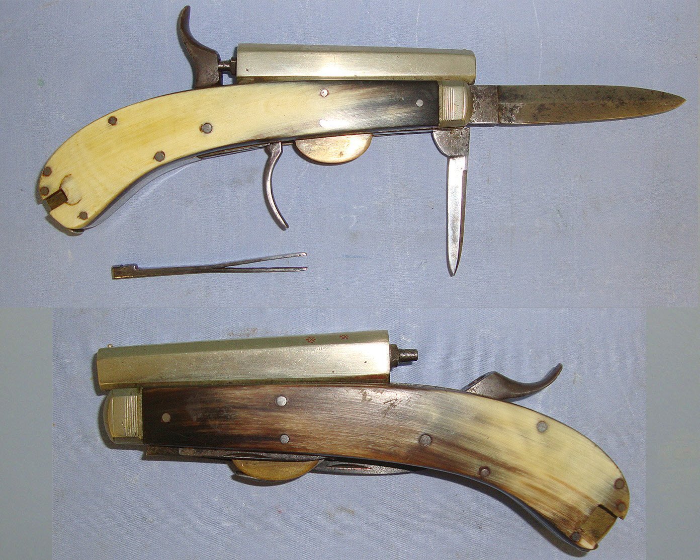  RARE**Large Frame C1840 Victorian Unwin & Rodgers Sheffield Self Protector Etched Blade 120 Bore Percussion Combination Knife Pistol  With Horn Scales, German Silver Octagonal Barrel & Fittings, Tweezer Grip Insert Accessories & Percussion Caps. Sn 23066 None Muzzleloader