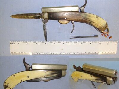 RARE**Large Frame C1840 Victorian Unwin & Rodgers Sheffield Self Protector Etched Blade 120 Bore Percussion Combination Knife Pistol With Horn Scales, German Silver Octagonal Barrel & Fittings, Tweezer Grip Insert Accessories & Percussion Caps. Sn 23066 None Muzzleloader