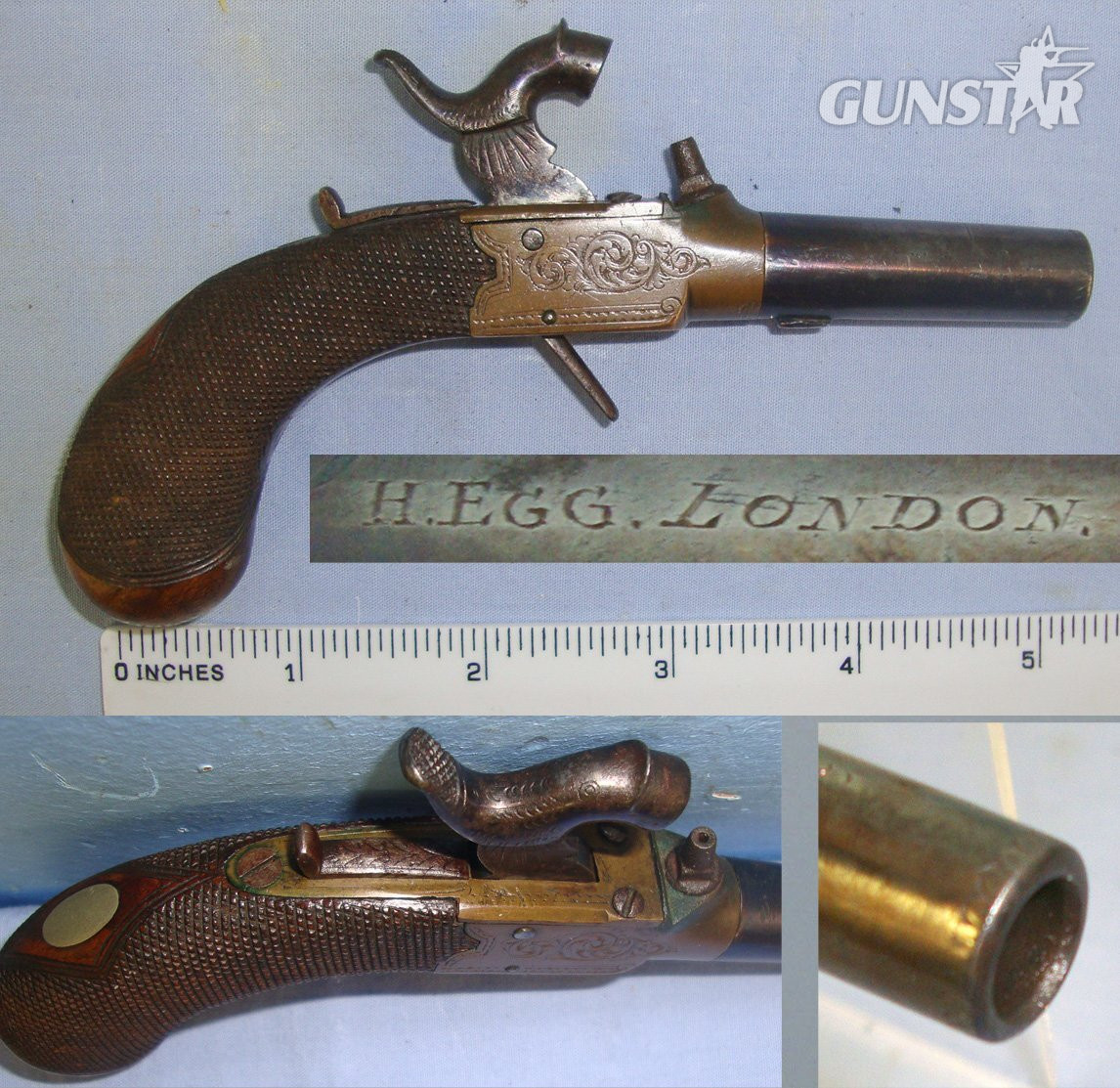 QUALITY**C1840’s English Henry Egg London 120 Bore Percussion Brass Action Ladies Small Muff Pistol With Concealed Folding Trigger, Sliding Safety Bolt & Screw Off Barrel. Sn 22695 None Muzzleloader in 