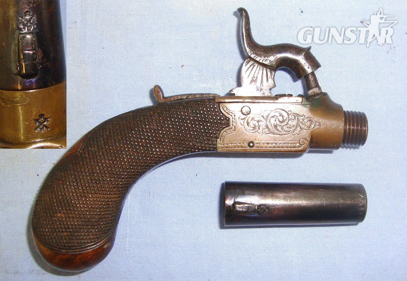 QUALITY**C1840’s English Henry Egg London 120 Bore Percussion Brass Action Ladies Small Muff Pistol With Concealed Folding Trigger, Sliding Safety Bolt & Screw Off Barrel. Sn 22695 None Muzzleloader