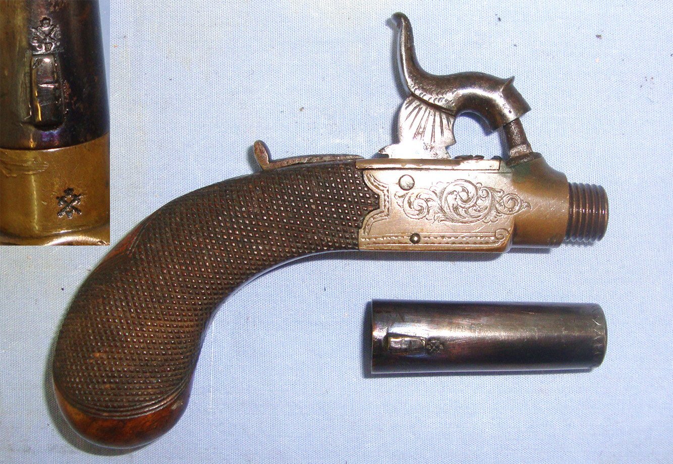 QUALITY**C1840’s English Henry Egg London 120 Bore Percussion Brass Action Ladies Small Muff Pistol With Concealed Folding Trigger, Sliding Safety Bolt & Screw Off Barrel. Sn 22695 None Muzzleloader