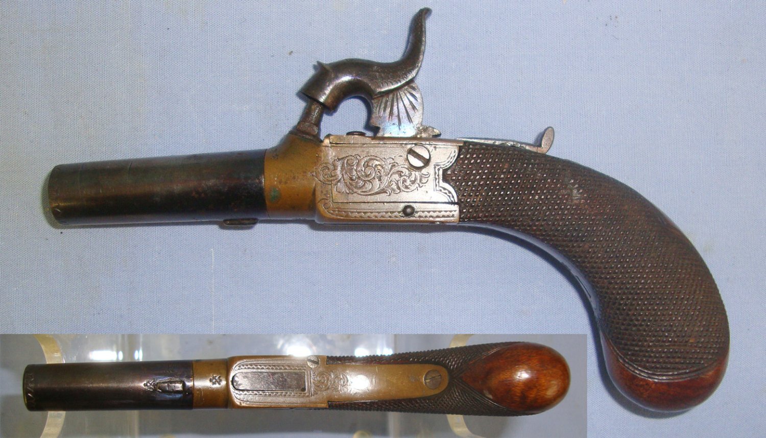  QUALITY**C1840’s English Henry Egg London 120 Bore Percussion Brass Action Ladies Small Muff Pistol With Concealed Folding Trigger, Sliding Safety Bolt & Screw Off Barrel. Sn 22695 None Muzzleloader