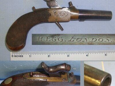 QUALITY**C1840’s English Henry Egg London 120 Bore Percussion Brass Action Ladies Small Muff Pistol With Concealed Folding Trigger, Sliding Safety Bolt & Screw Off Barrel. Sn 22695 None Muzzleloader