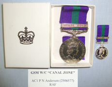 British Suez Crisis General Service Medal With Canal Zone Clasp Ribbon & Box Of Issue To ‘AC1 PN Anderson (2506577) RAF’ Together With A Miniature GSM With Canal Zone Clasp. British Suez Crisis General Service Medal With Canal Zone Clasp Ribbon & Box Of Issue To ‘AC1 PN Anderson (2506577) RAF’ Together With A Miniature GSM With Canal Zone Clasp. Other Accessory