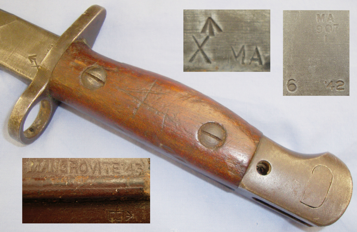 WWII Dated Australian 1907 Pattern Bayonet by Mangrovite Arsenal with Matching Scabbard. BAYO 356. Bayonet