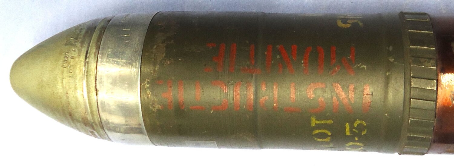 {CATEGORY} - DEACTIVATED INERT. Vietnam/Cold War Era, Unfired American 57mm HEAT (High Explosive Anti-Tank) INERT INSTRUCTION Round for the 57mm T15 Recoilless Rifle. O 2328 DEACTIVATED INERT. Vietnam/Cold War Era, Unfired American 57mm HEAT (High Explosive Anti-Tank) INERT INSTRUCTION Round for the 57mm T15 Recoilless Rifle. O 2328 Various Other Ammunition