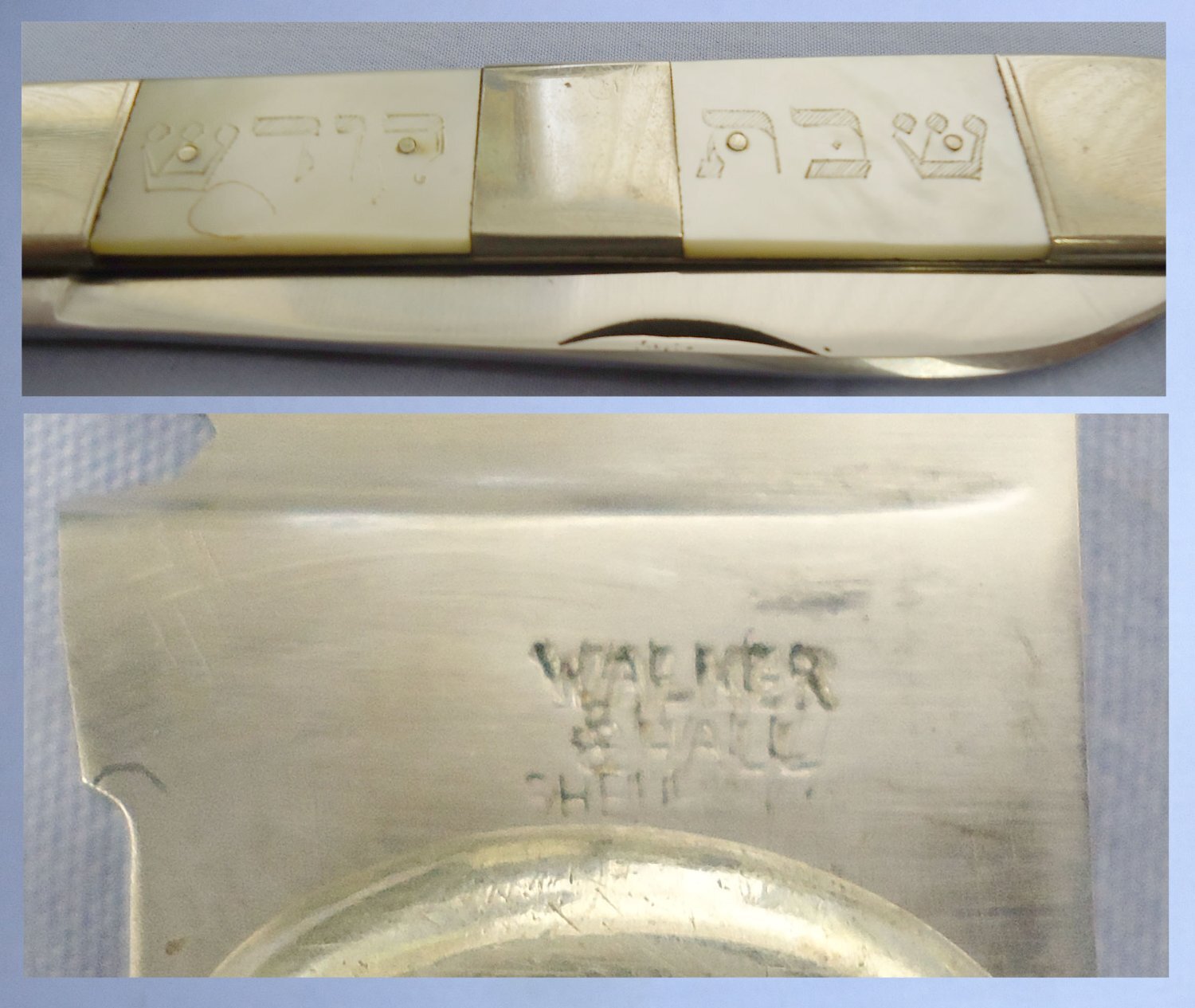 Post 1900, Large Folding Pen Knife with German Silver & Mother of Pearl Scales Engraved with Cyrillic/ Hebrew Script by Walker & Hall Sheffield. Sn 10789 Knive