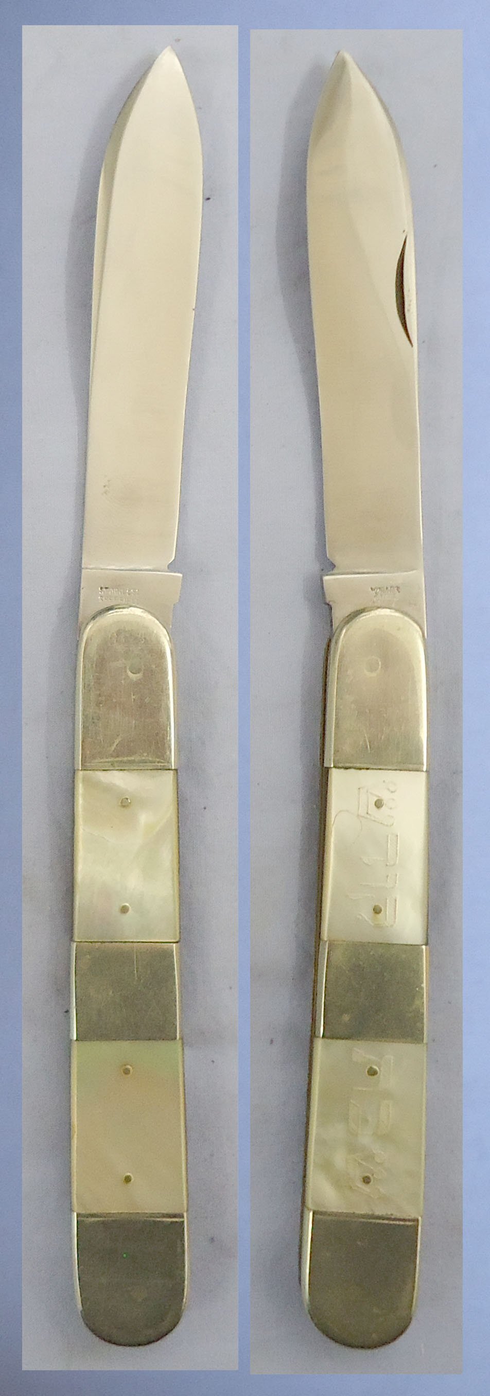  Post 1900, Large Folding Pen Knife with German Silver & Mother of Pearl Scales Engraved with Cyrillic/ Hebrew Script by Walker & Hall Sheffield. Sn 10789 Knive