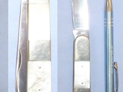 Post 1900, Large Folding Pen Knife with German Silver & Mother of Pearl Scales Engraved with Cyrillic/ Hebrew Script by Walker & Hall Sheffield. Sn 10789 Knive