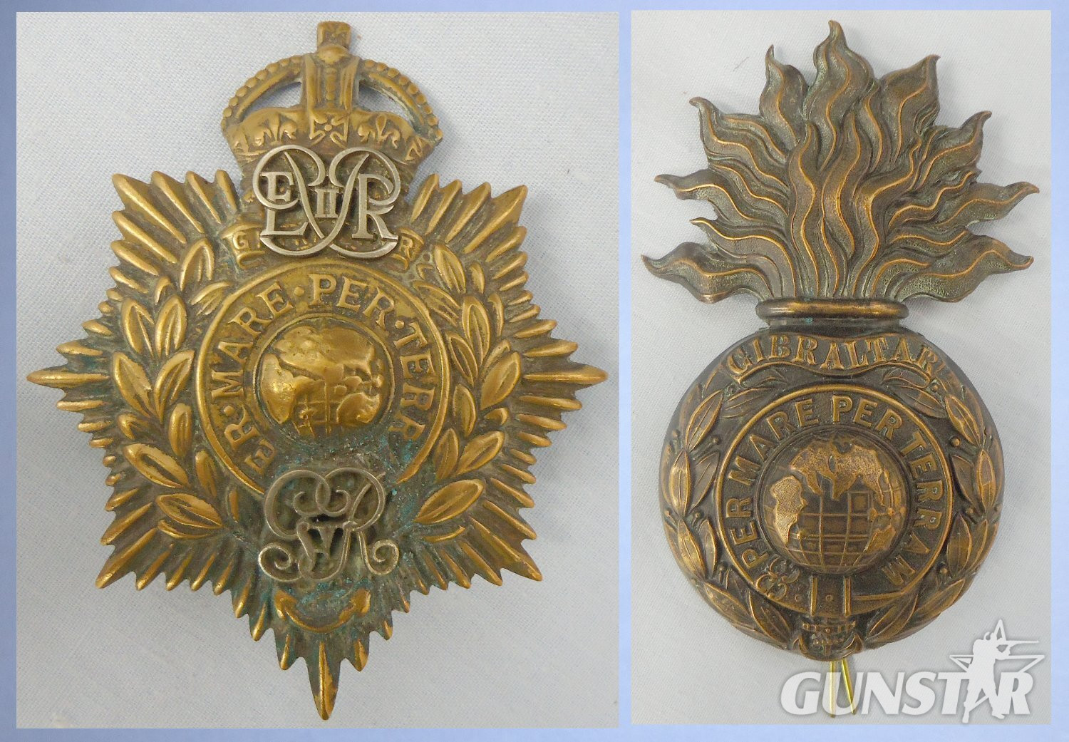 Pair* Royal Marines Portsmouth Queens Crown with Gilding Royal Cyphers and Royal Marines Artillery Cap Badges. 22434:6 . Pair* Royal Marines Portsmouth Queens Crown with Gilding Royal Cyphers and Royal Marines Artillery Cap Badges. 22434:6 .  Antique & Militaria in 